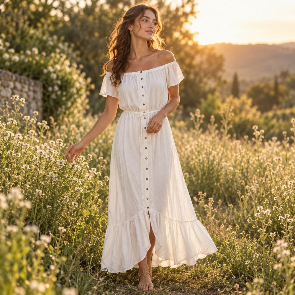 Indigo Rose Women’s Petite M White Off Shoulder Button Front Maxi Dress Bohemian